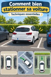 Femme montrant une technique de stationnement efficace avec son véhicule.