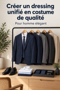 Dressing élégant avec costumes de qualité dans des tons harmonieux.