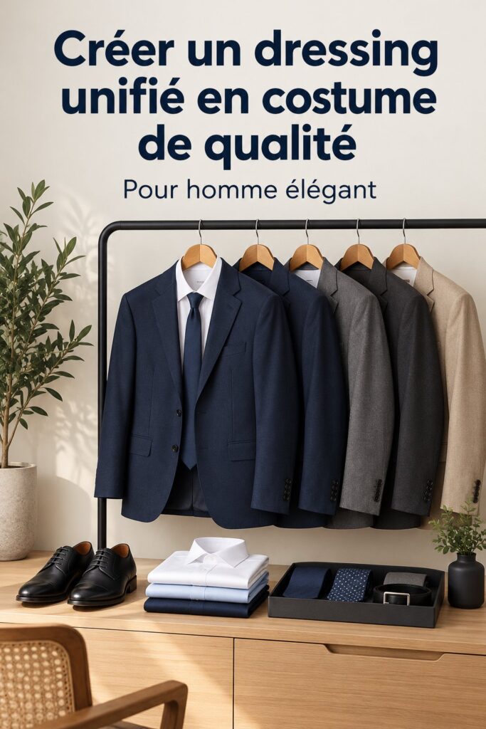 Dressing élégant avec costumes de qualité dans des tons harmonieux.