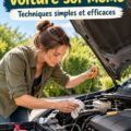 Une femme souriante effectuant le detailing de sa voiture à la maison