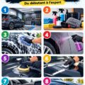 Une femme professionnelle réalisant un detailing automobile sur un véhicule avec soin.