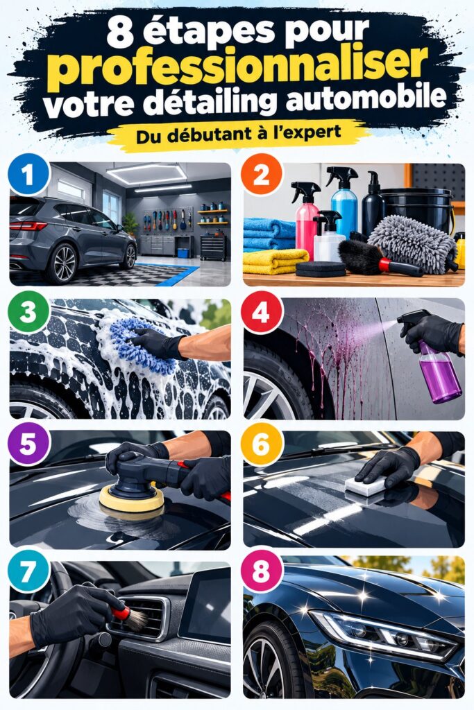 Une femme professionnelle réalisant un detailing automobile sur un véhicule avec soin.