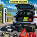Femme préparant des accessoires indispensables dans sa voiture électrique