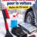Accessoires de voiture pour l'hiver sur une table, comprenant une pelle, un grattoir et une couverture.