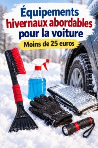 Accessoires de voiture pour l'hiver sur une table, comprenant une pelle, un grattoir et une couverture.