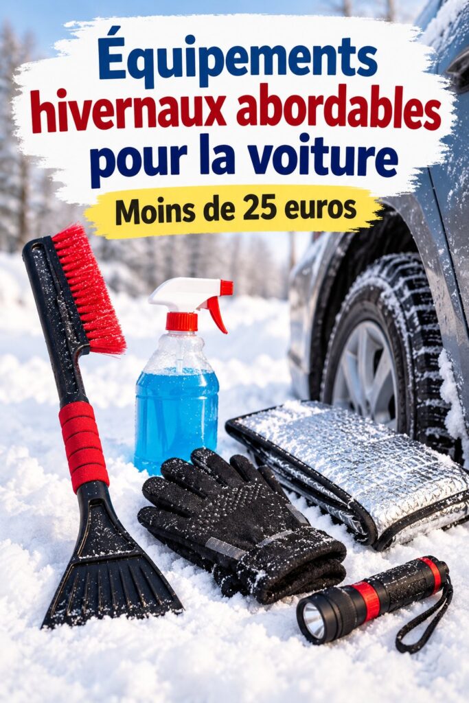 Accessoires de voiture pour l'hiver sur une table, comprenant une pelle, un grattoir et une couverture.