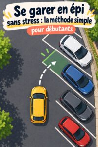 Femme au volant, se préparant à se garer en épi avec confiance