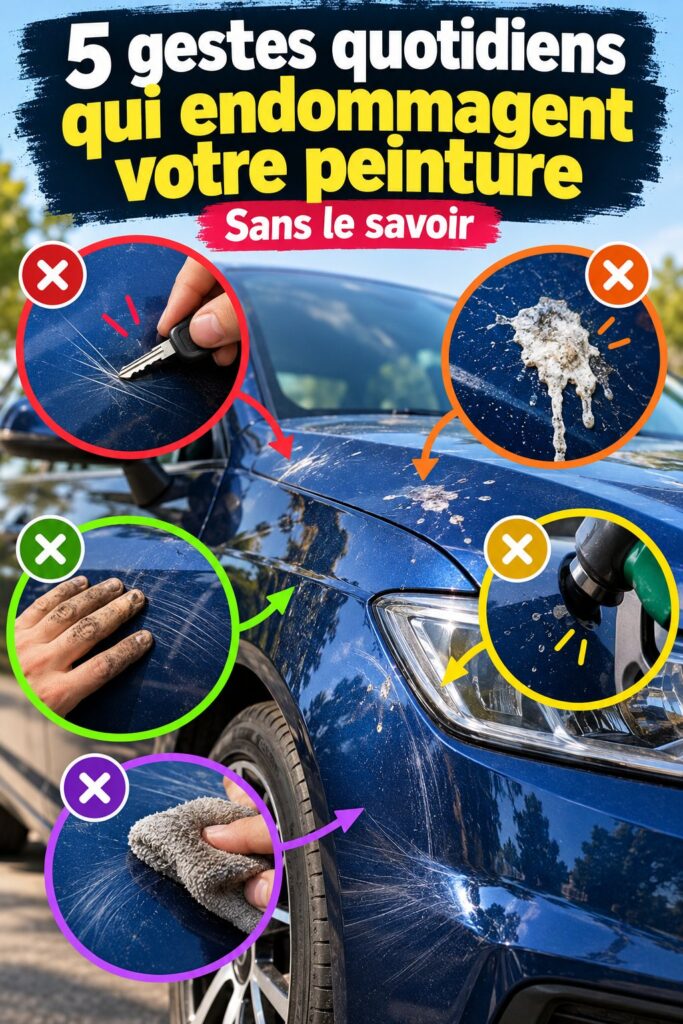 Geste quotidien nuisible à la peinture d'une voiture, femme en train de nettoyer son véhicule