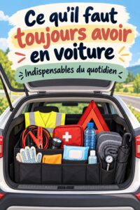 Une femme souriante dans sa voiture, entourée de ses objets essentiels pour conduire sereinement.