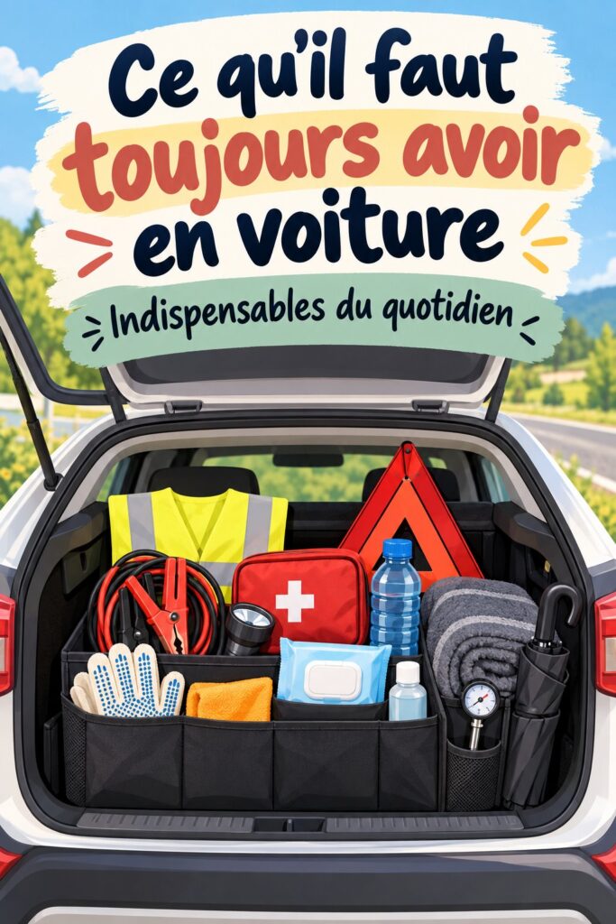 Une femme souriante dans sa voiture, entourée de ses objets essentiels pour conduire sereinement.
