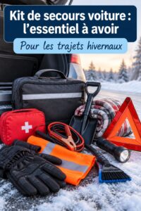 Kit de secours automobile bien organisé pour l'hiver avec des éléments essentiels.