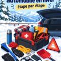 Un kit d'urgence automobile prêt pour l'hiver sur la banquette arrière d'une voiture.