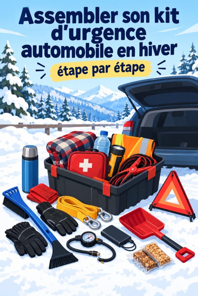 Un kit d'urgence automobile prêt pour l'hiver sur la banquette arrière d'une voiture.