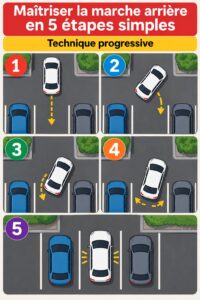 Femme conduisant une voiture en marche arrière dans un parking