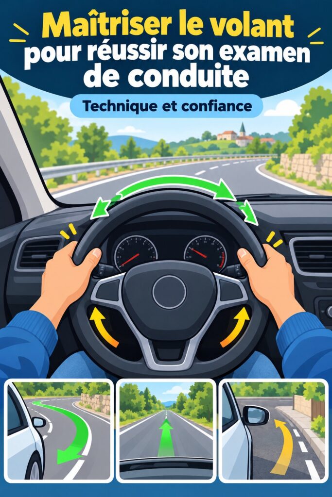 Femme pratiquant la conduite en se concentrant sur le contrôle du volant pendant un cours de conduite.