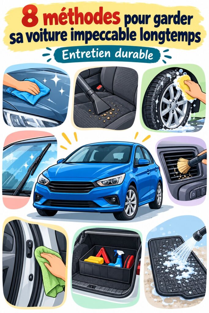 Image d'une voiture propre et brillante après un nettoyage professionnel, représentant l'entretien automobile.