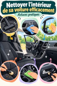 Une femme nettoie l'intérieur de sa voiture avec des produits de nettoyage adaptés.