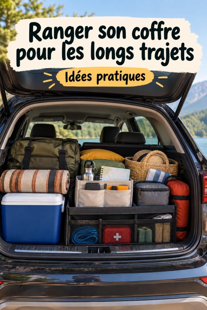 Coffre de SUV bien organisé pour un road trip réussi, montrant des accessoires de rangement pratiques.