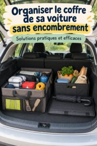 Coffre de voiture bien organisé avec plusieurs compartiments et accessoires pratiques.