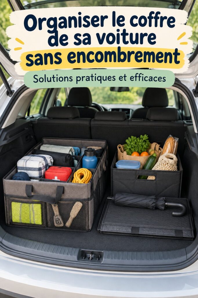 Coffre de voiture bien organisé avec plusieurs compartiments et accessoires pratiques.