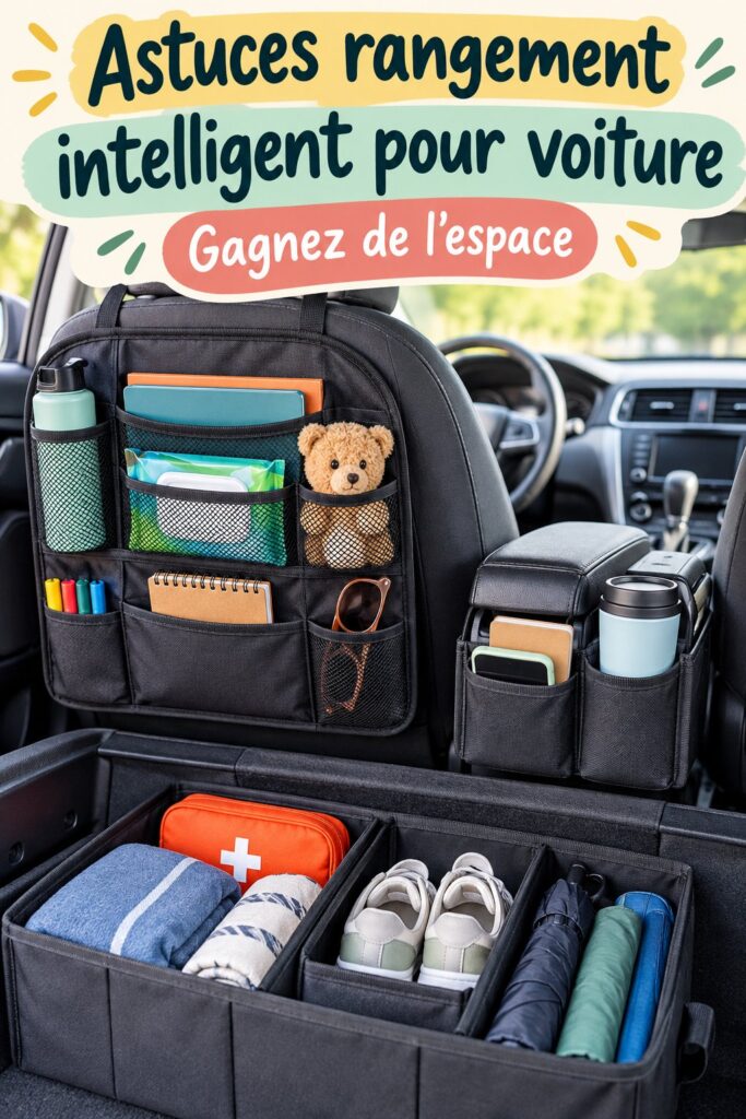 Intérieur de voiture bien organisé avec des accessoires de rangement pratiques.