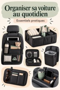 Intérieur de voiture bien organisé et propre avec des accessoires pratiques pour chauffeurs.