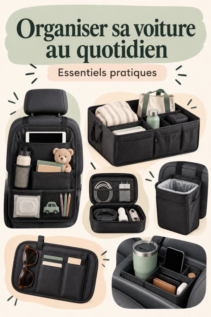 Intérieur de voiture bien organisé et propre avec des accessoires pratiques pour chauffeurs.