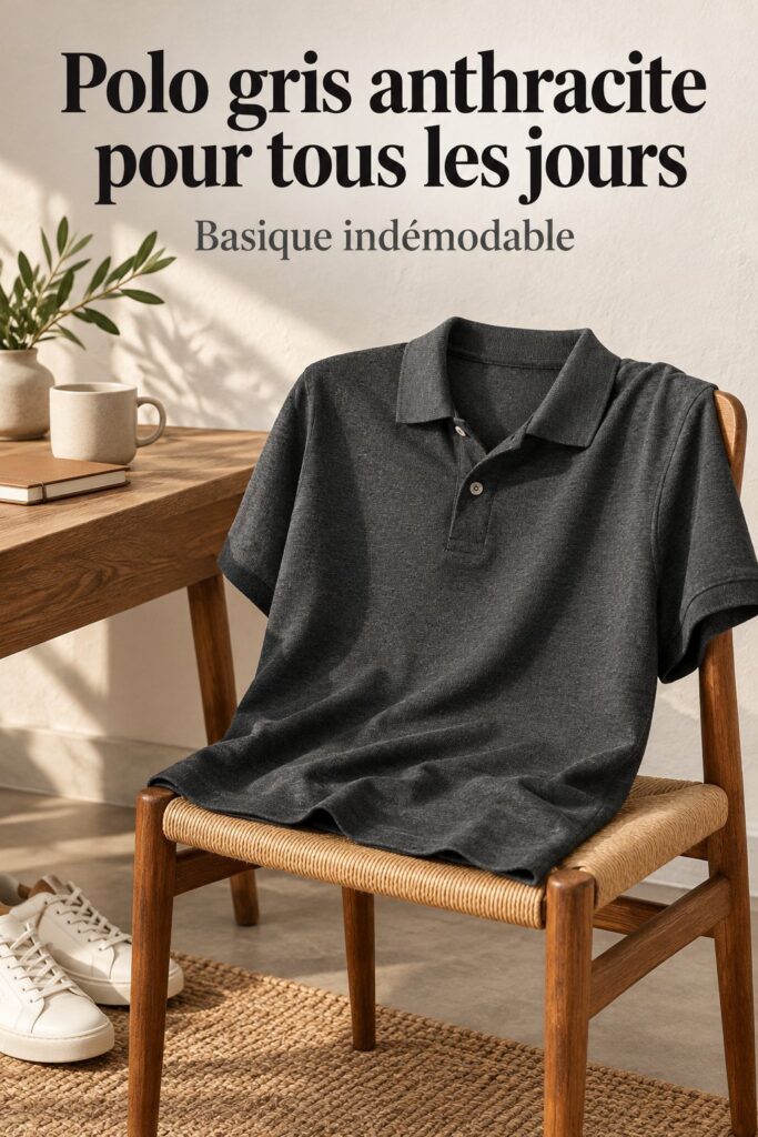 Femme professionnelle portant un polo gris foncé élégant et moderne, prête pour une journée de travail.
