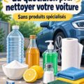 Femme utilisant des produits du quotidien pour laver sa voiture.