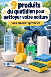 Femme utilisant des produits du quotidien pour laver sa voiture.