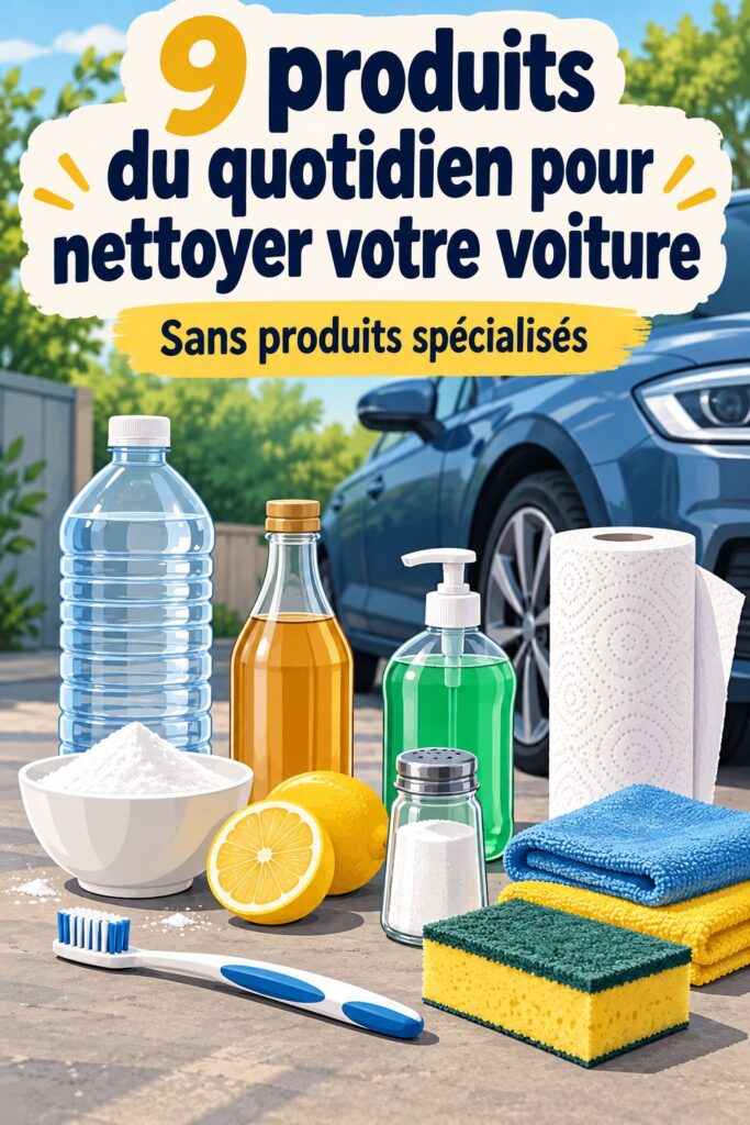 Femme utilisant des produits du quotidien pour laver sa voiture.