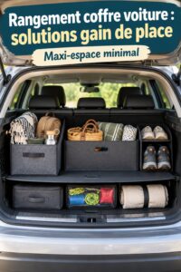 Coffre de voiture bien organisé avec des rangements pratiques.