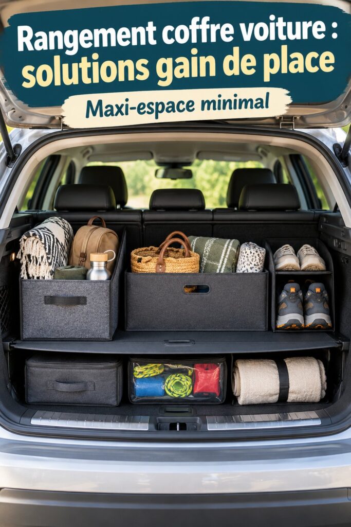 Coffre de voiture bien organisé avec des rangements pratiques.