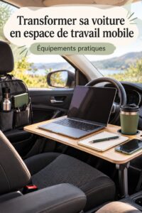 Une femme travaillant dans sa voiture avec un ordinateur portable affichant une ambiance professionnelle.